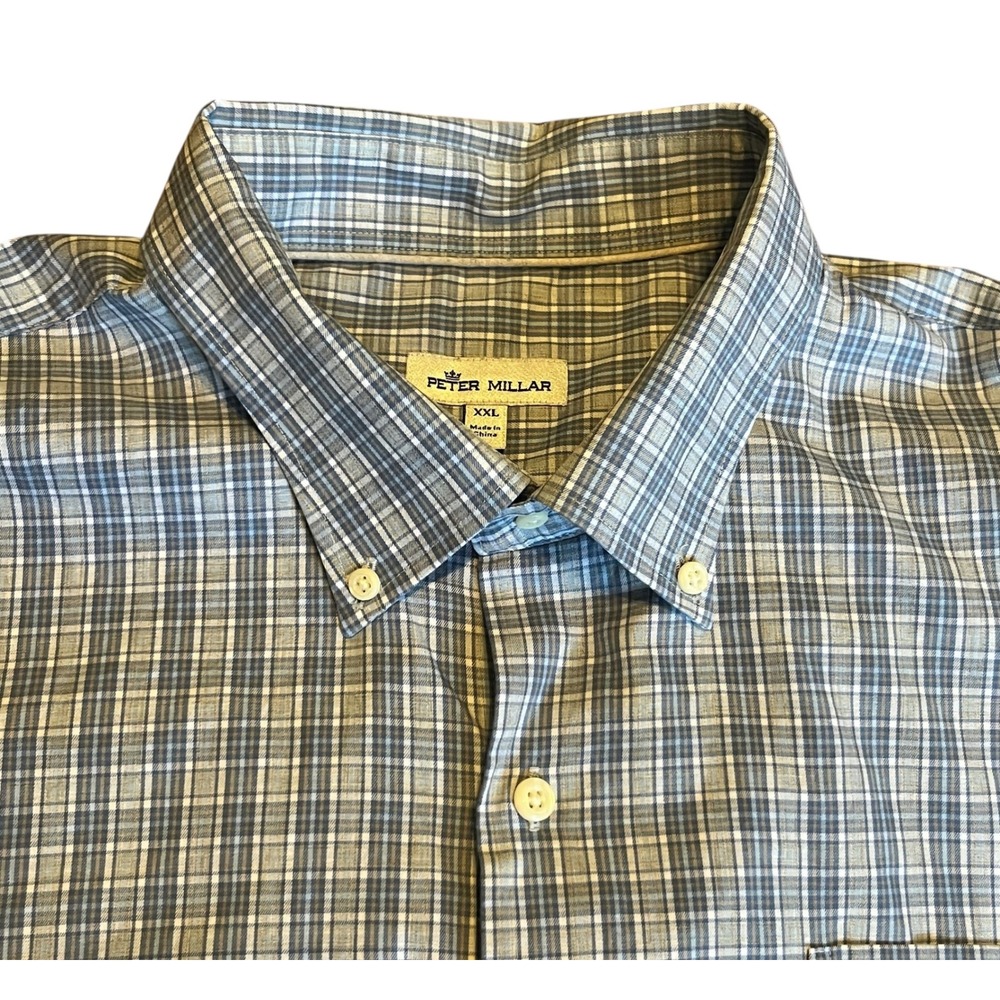 Peter Millar Mens XXL Blue Plaid Button Down Shirt 100% Cotton Long Sleeve L/S